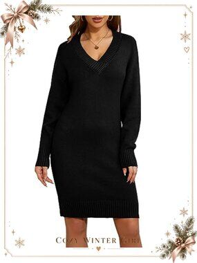 Women's V-Neck Knit Sweater Dress Long Sleeve Mini Pullover Tunic